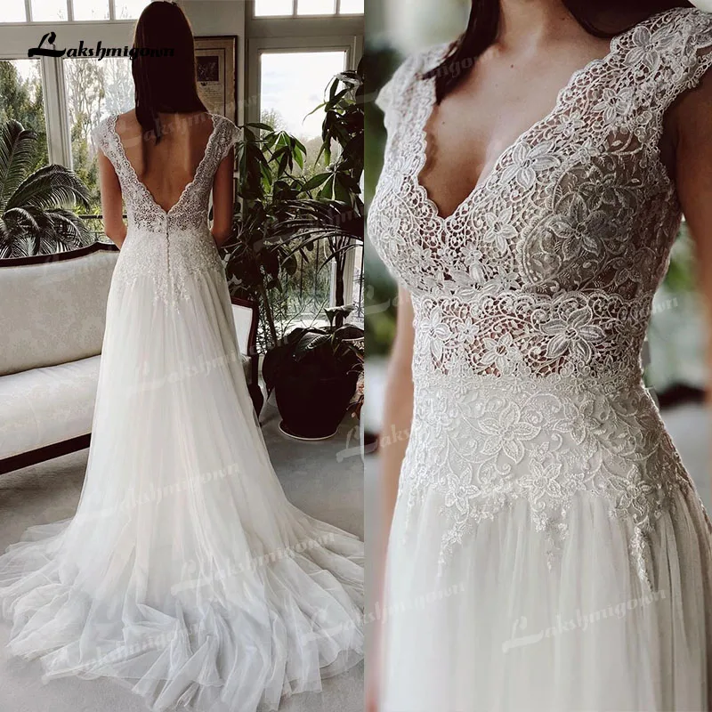 

Lakshmigown Beach Wedding Dress with Back Buttons V Neck Lace Appliques Cap Sleeve Backless A Line Bridal Gown vestido de noiva