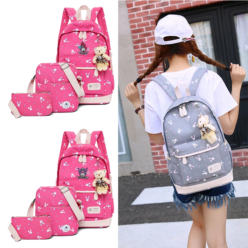

Kawaii Sanrio Kuromi My Melody Schoolbag Pen Bag Three-Piece Cinnamorroll Pompom Purin Cartoon Large Capacity Fashion Travel Bag