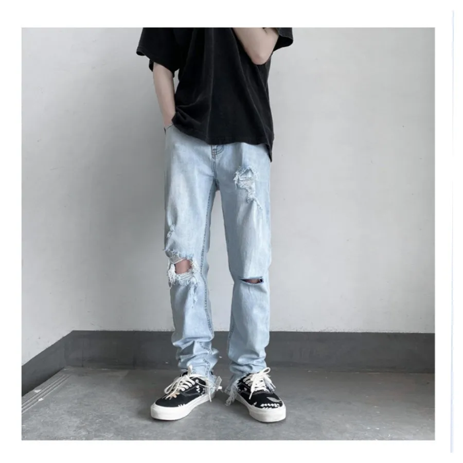Hole Ripped Jeans for Men Korean Fashion Tights Men's Pants Hip Hop Women's Casual Trendyol Streetwear Grunge Baggy Straight