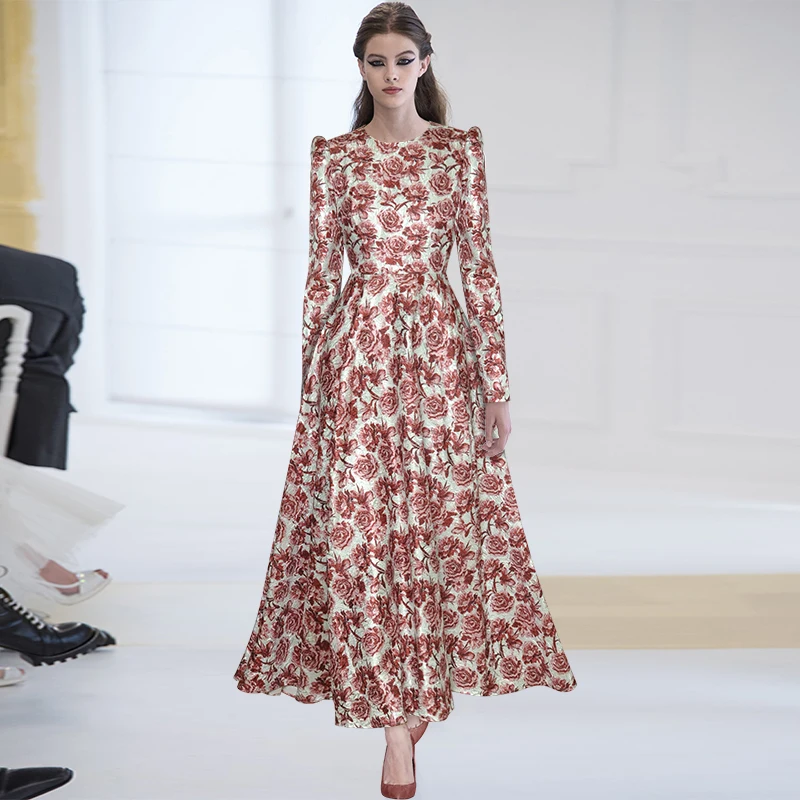 

Dresses For Women 2022 Elegant High Quality Luxury Designer Spring O-Neck Long Sleeve Rose Flower Print Party Long satin Dress