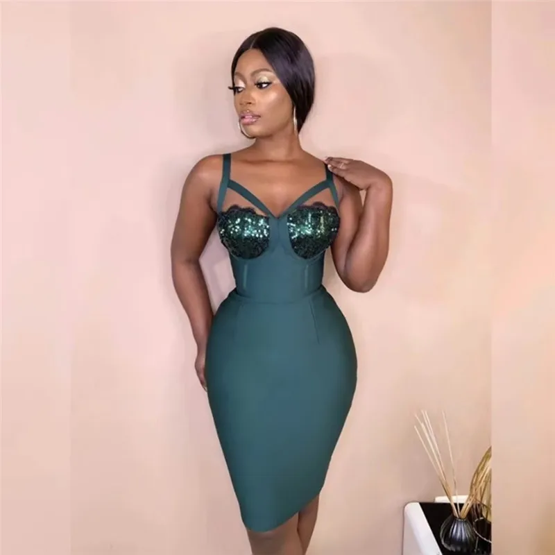 

2022 Glitter Green Women Dress Bandage Strapless Sequins Summer Bodycon Outfits New Fashion Sleeveless Knee-Length Dresses