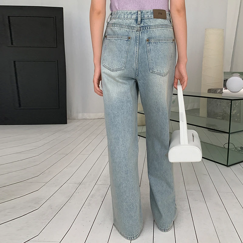 Women's Jeans Original Korean Buttons Zipper Pocket Loose High Waist Wide Leg Trousers Versatile Casual Straight Female Trousers