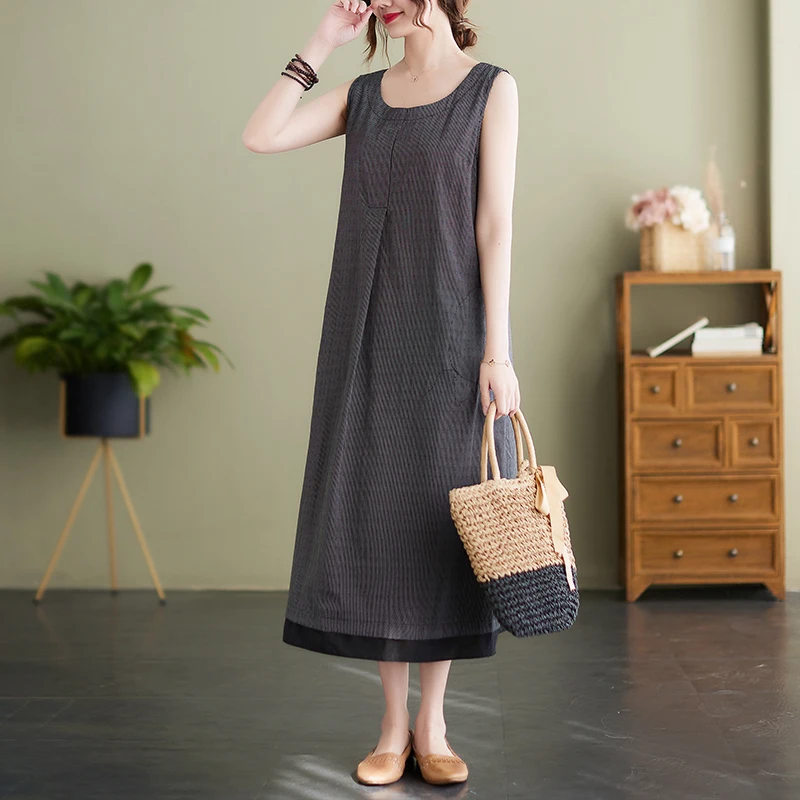 

New Arrival Street Fashion Dress Chic Summer Sleeveless Sundress Striped Dresses Women Casual Loose Long Maxi Elegant Dress