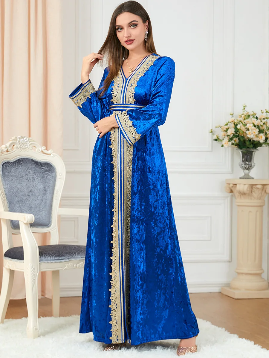 Women Spring and Summer Muslim Slit Embroidery Gold Velvet Dress Turkish Indian Abaya Arab Islamic Women Moroccan Kraftan Gown