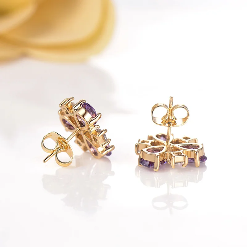 Женские серьги-гвоздики с трехлепестками серьги золотого цвета фиолетовым