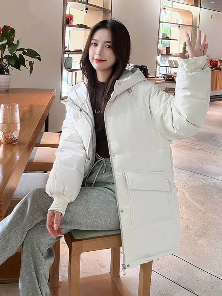 Autumn Winter Thicken Warm Medium Long Chic Parka Women Casual Sweety Solid Color Big Pocket Loose Hooded Coat Jackets Outwear
