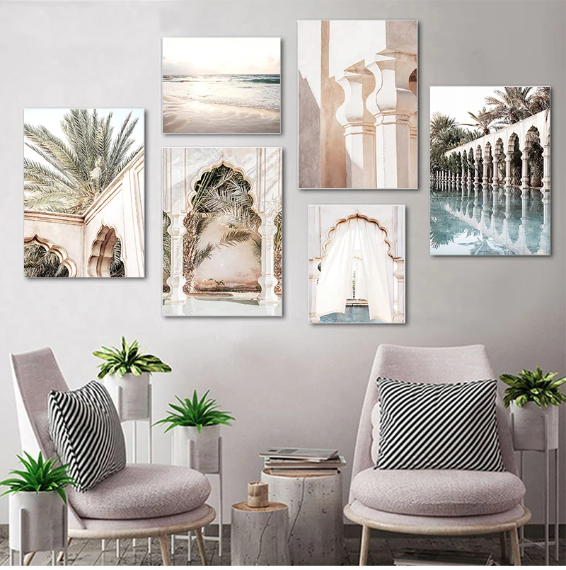 

Мягсветильник легкий пляжный размытый плакат с пальмовыми листьями для сада в скандинавском стиле Исламская настенная Картина на холсте д...
