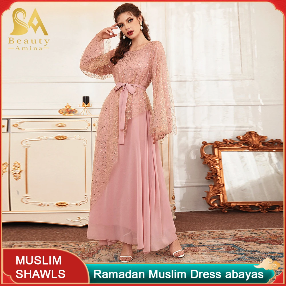 Party Dresses Arab Dress Fairy Long Skirt Mesh Party Dress Pink Star Sequin Lady Even Dress Wedding Dress Summer Robe Muslim Set