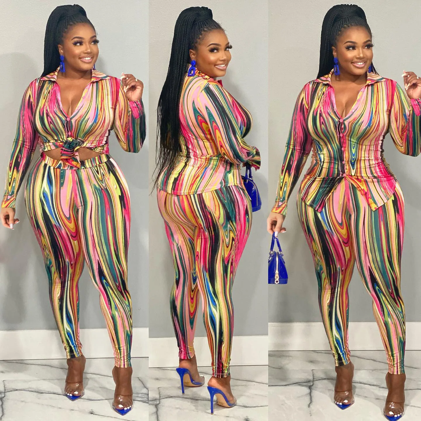 

Autumn 2 Piece Sets Womens Outfits Long Sleeve Turn Down Collar Top and Long Skinny Pants Fashion Printed Tracksuit Y2k Clothes