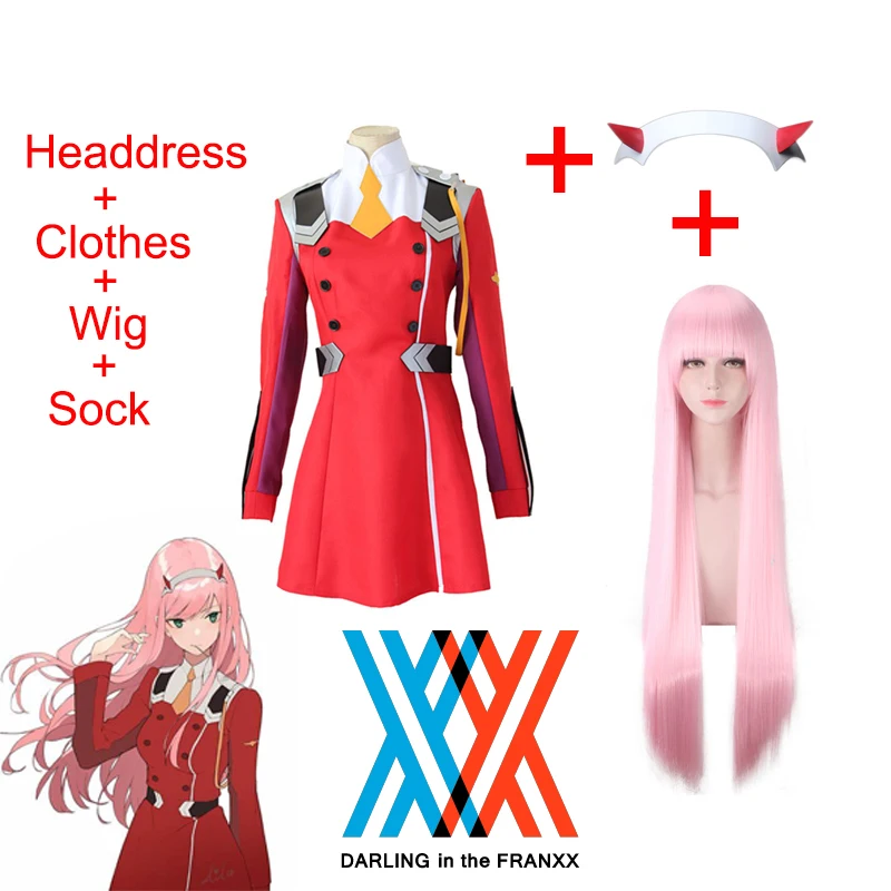 

Anime DARLING in the FRANXX Code002 Cosplay Costume High School Girl Uniform Red Dress Pink Wig Demon Headdress