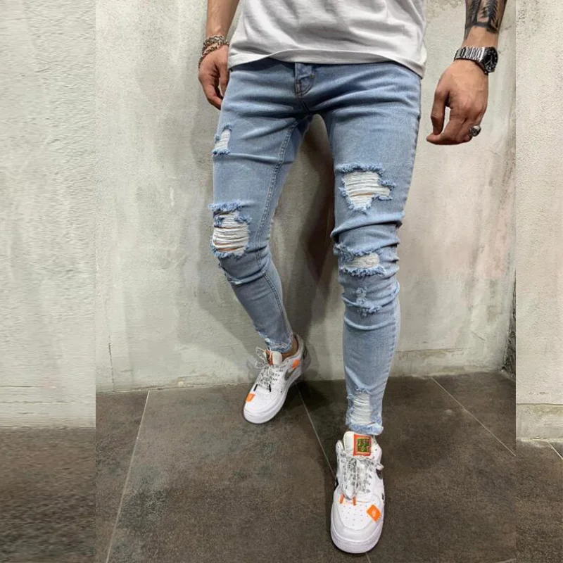 Mens Knee Hole Jeans Slim Fit Pencil Pants Men's Jeans Fashion Four Seasons High Street Denim Pants Full Length Skinny Jeans Men