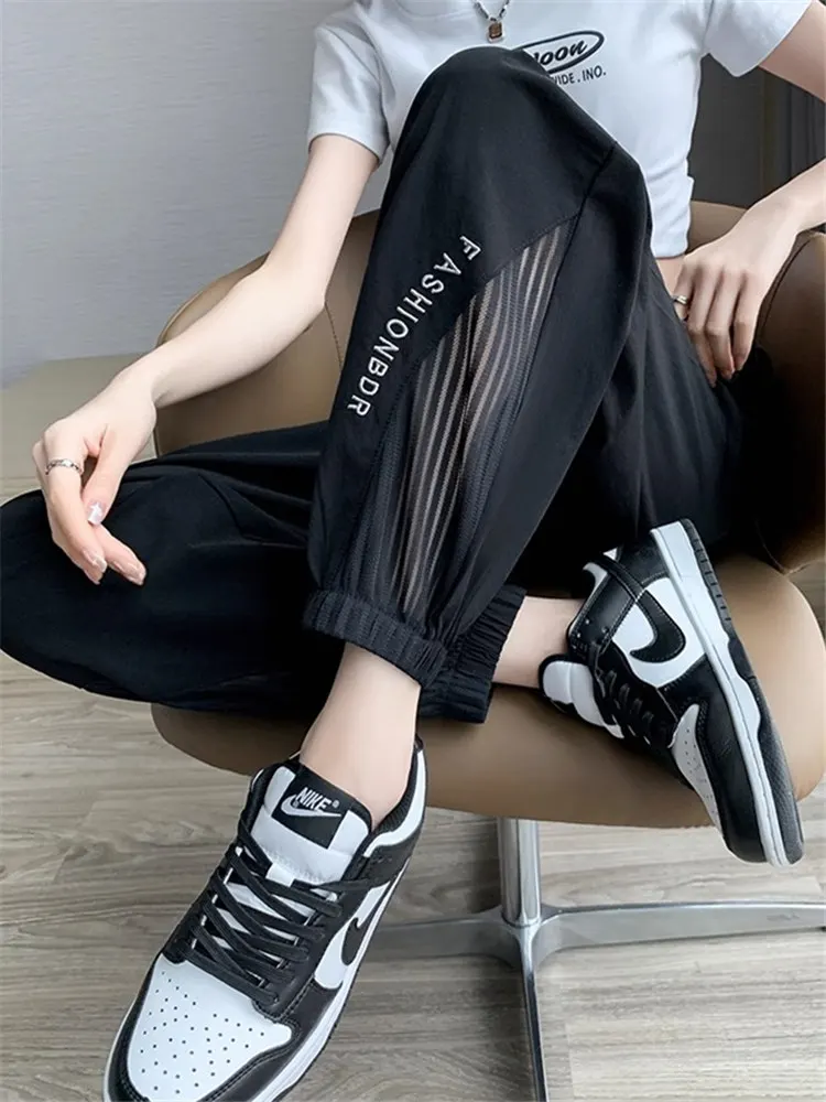 Plus Size Clearance Leak-Picking ~ Ice Silk Quick-Drng Sweat pants Women Summer Thin Sunscreen Pants Mesh Capri Ankle-tied Ha...