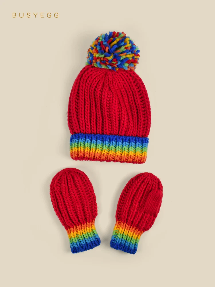 

Rainbow knitting wool hat children's cap boys girls' autumn winter knitted warm hat adults kids red color cap