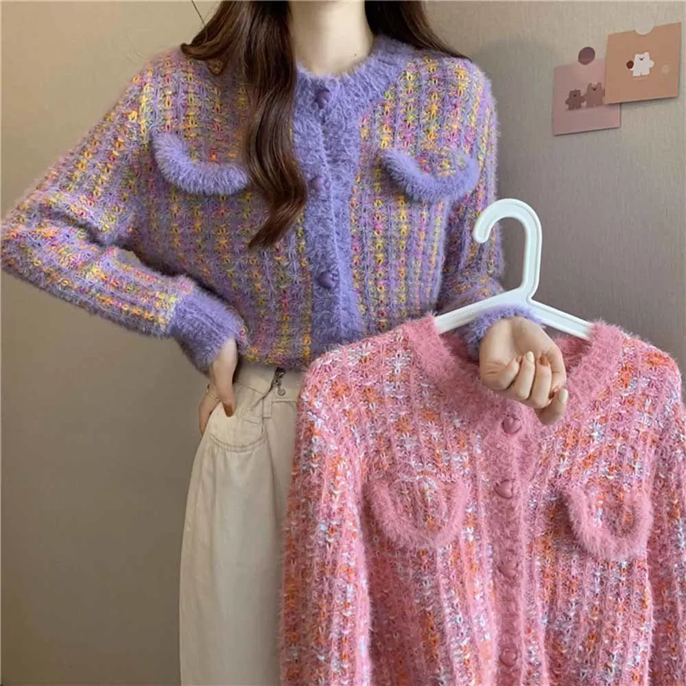 

Autumn Spring 2022 Color Mixed Yarn Sweater Women's O-neck Wave Hem Sweaters Soft Waxy Waterproof Mink Cardigan Female
