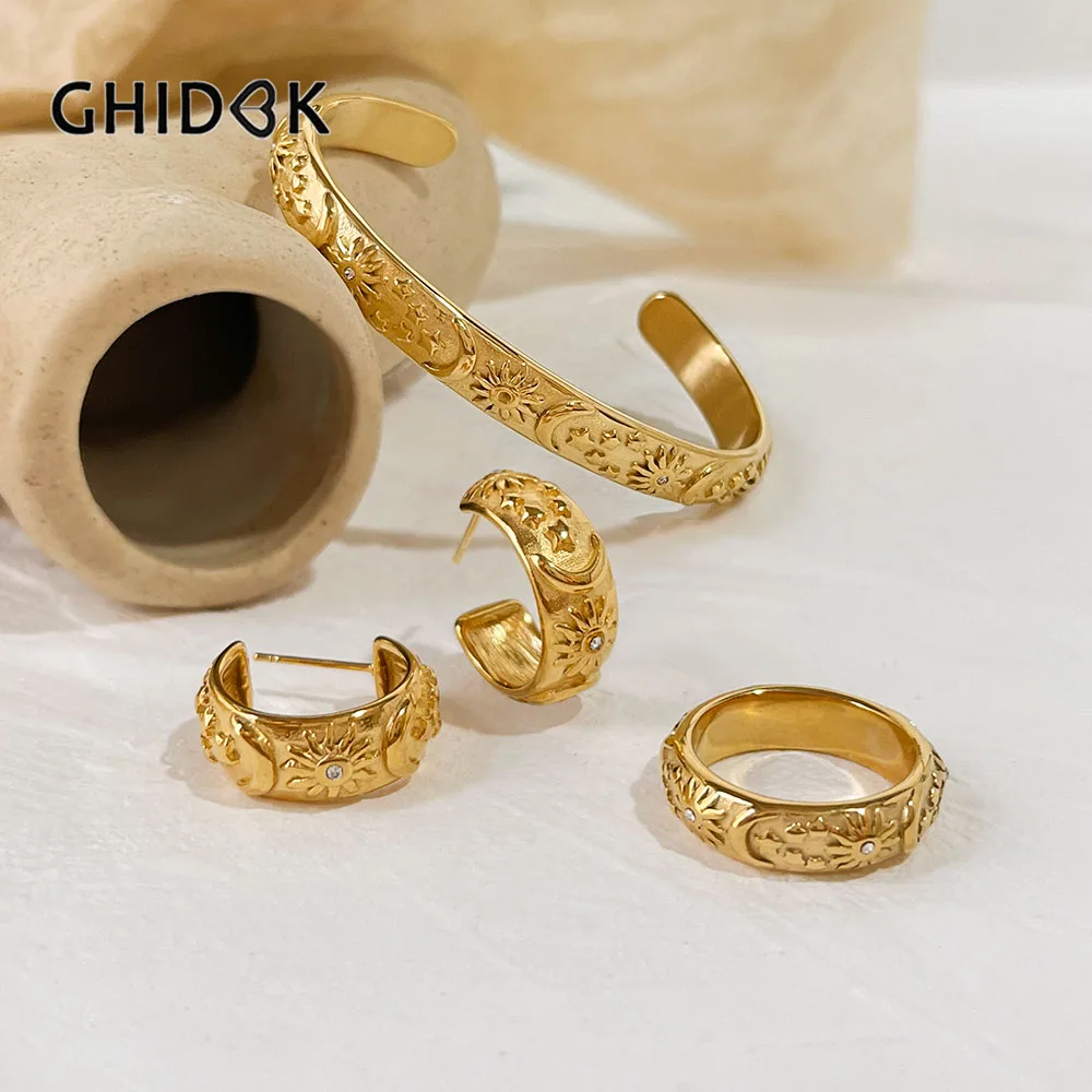 

Ghidbk Waterproof Gold Plated Engraved Sun Star Moon Cuff Bracelet Ring Earrings Set Women Celestial Jewelry Stainless of Steel