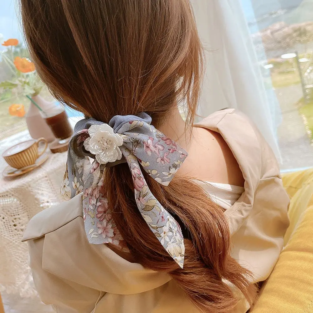 

Korean New Women Elegant Bow Hair Ties Elastic Hair Bands Girl Pearl Flower Ponytail Holder Sweet Temperament Hair Rope