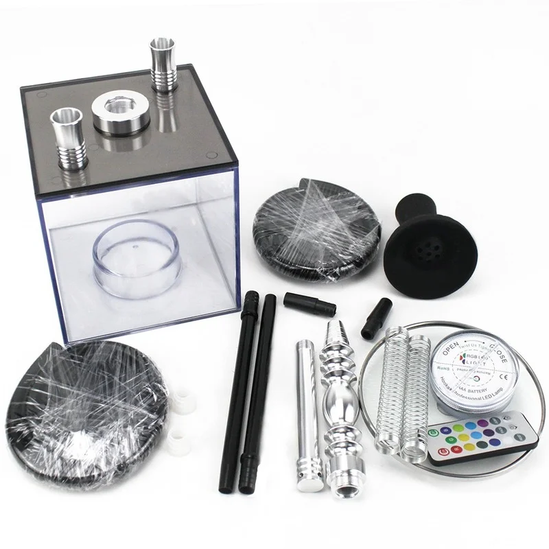 

LED Light Acrylic Hookah Box with 2 Hose Silicone Nargile Sheesha Narguile Chicha Cachimbas Large Capacity Hookah Complete Set