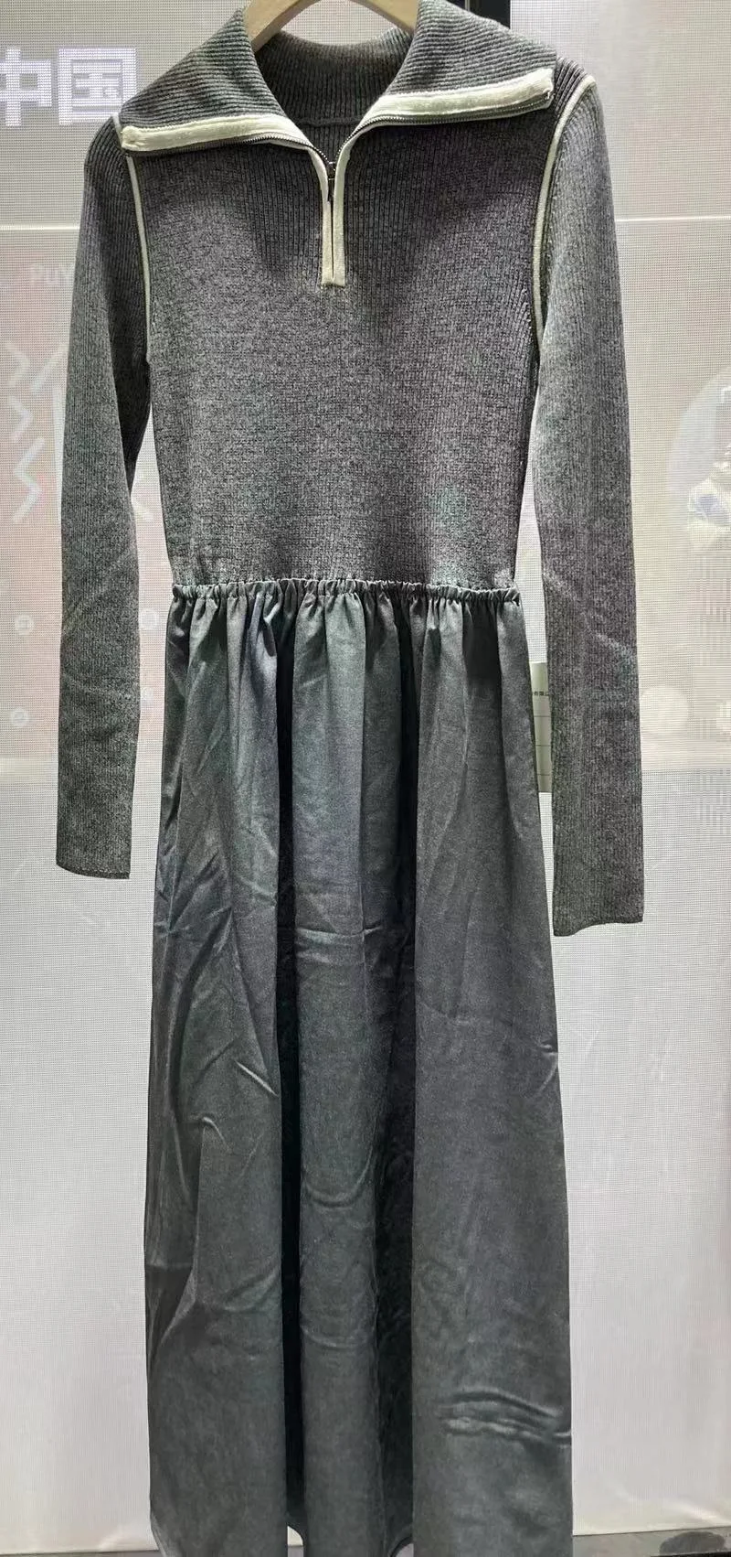 

Женское трикотажное платье-свитер, повседневное длинное серое платье-свитер с отложным воротником и длинным рукавом, в стиле пэчворк, Осень-зима 2023