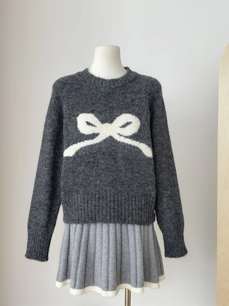 Женский пуловер с серым бантом свитер в стиле Харадзюку свитера большого размера