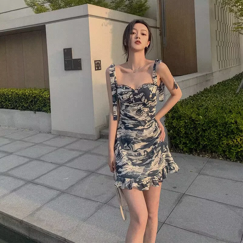 

Strap Dress Summer A-Line High Waist Ruffles Print Sexy Short Dress Beach Vestidos
