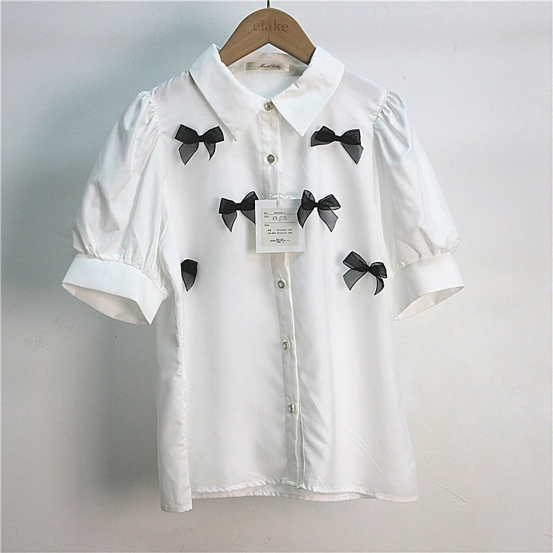 Японский продукт Rojita летняя блузка с бантом и коротким рукавом Однотонная Милая