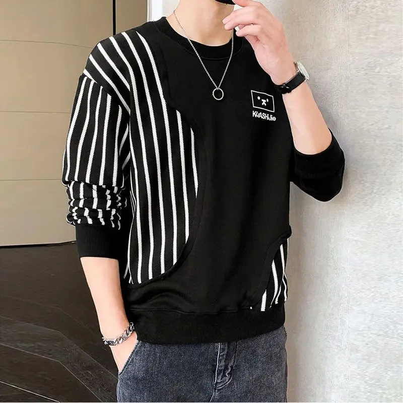 

Men's Clothes Top Polar Bear Embroidery Stripe Sweatshirt Spring New Casual Loose Fashion Simple Handsome Sweatshirts