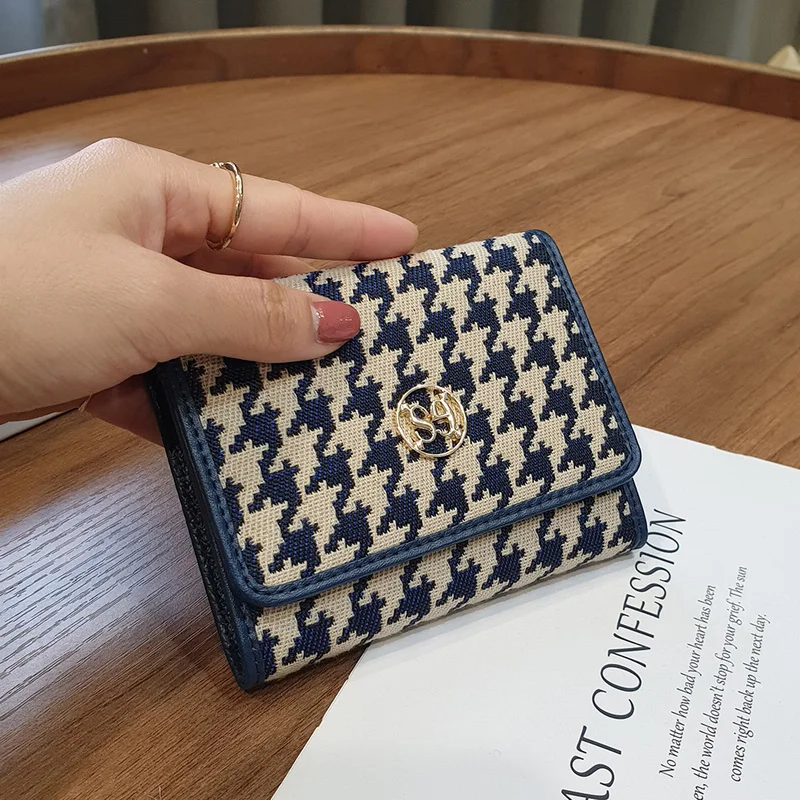 3-fold Women Wallets Short Genuine Leather Billfold Brand Design Houndstooth Embroidery Wallet Two-tone Cowhide Card Holder 2023