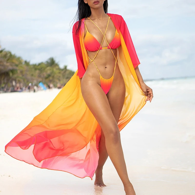 

Gradient 3 Piece Bikini Set with Cover Up 2022 Women Swimsuit Bandage Micro Brazilian Biquini Swim Bathing Suit Sexy Swimwear