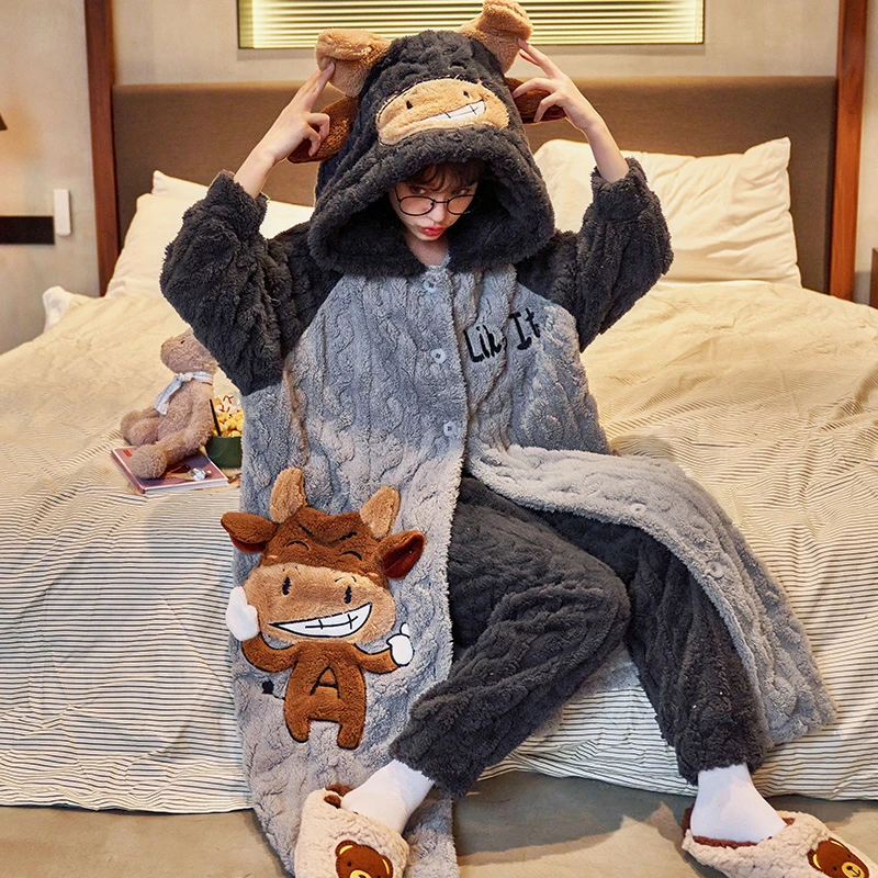 

Kawaii ночная рубашка из коровьей кожи для женщин и мужчин зимние плотные фланелевые ночные рубашки с капюшоном мягкая теплая ночная рубашка плюшевые банные халаты унисекс домашняя одежда