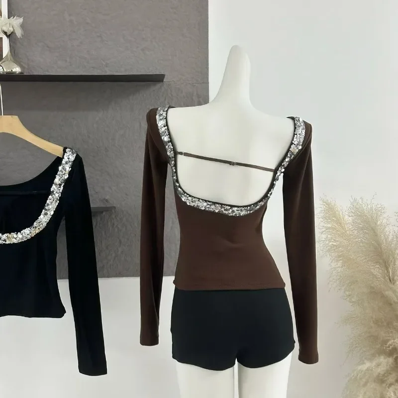 MiiiiX повседневная нижняя рубашка с блестками и открытой спиной U-образным вырезом