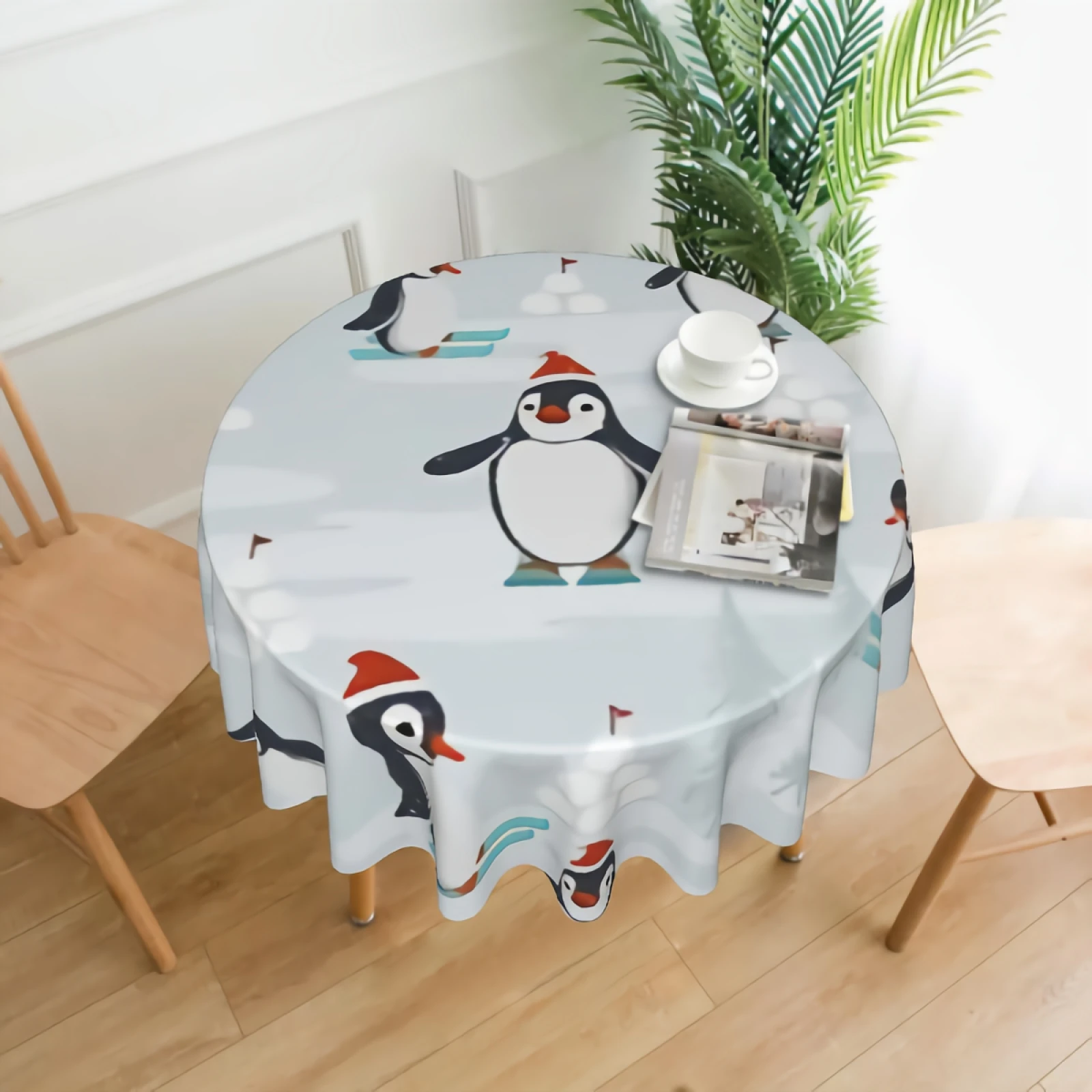 

Cute Penguin On Ice Round Tablecloth Farmhouse Penguin In Christmas Hats Table Cloth 60 Inch Round Table Cloth with Polyester