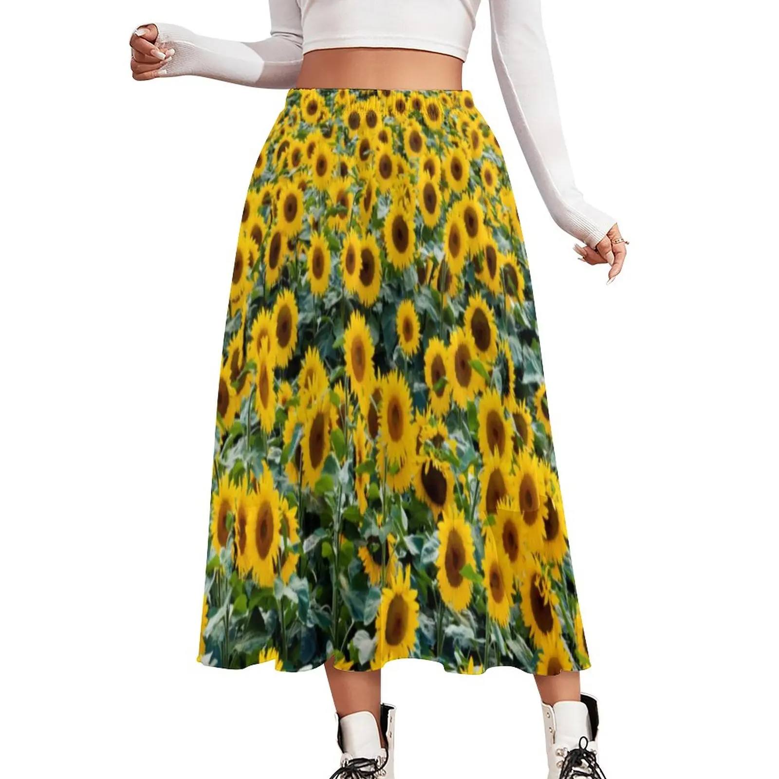 

Sunflower Print Skirt Sunflowers Elegant Long Skirts Elastic Waist Pattern A-line Skirt Summer Korean Fashion Clothes Large Size