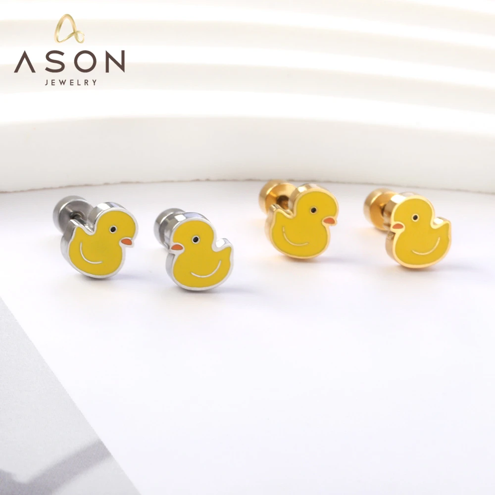

ASONSTEEL Cute Small Yellow Duck Animal Screw Back Piercing Stud Earrings Gold Color Stainless Steel For Women Girl Jewelry News