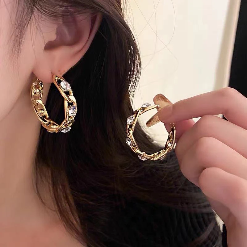 

Gold Silver Color Metal Chain Ring Earrings Rhinestone Modern Women's Earrings Personality Korean Fashion Jewelry 2023