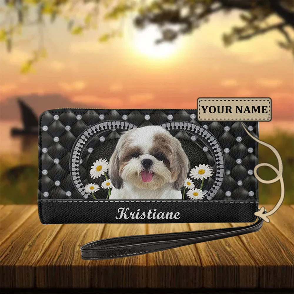 FORUDESIGNS Black Elegant Faux Leather Wrist Bag Ladies Funny Shih Tzu Printing Daily Wristlets Passport Holders Women Gift 2023