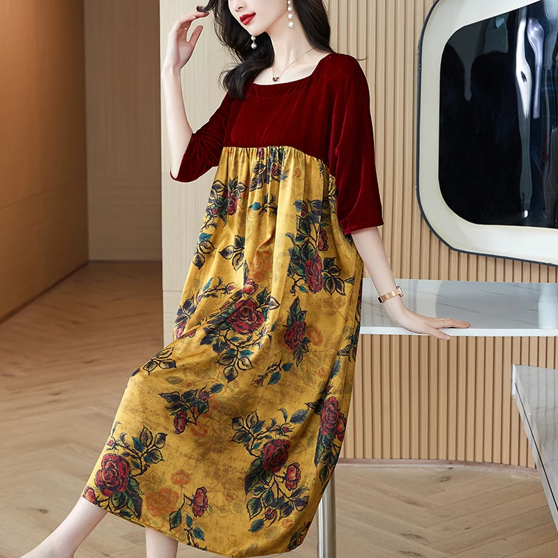 

Женское бархатное платье средней длины, красное элегантное облегающее платье из шелка тутового шелкопряда с цветочным принтом в стиле пэчв...