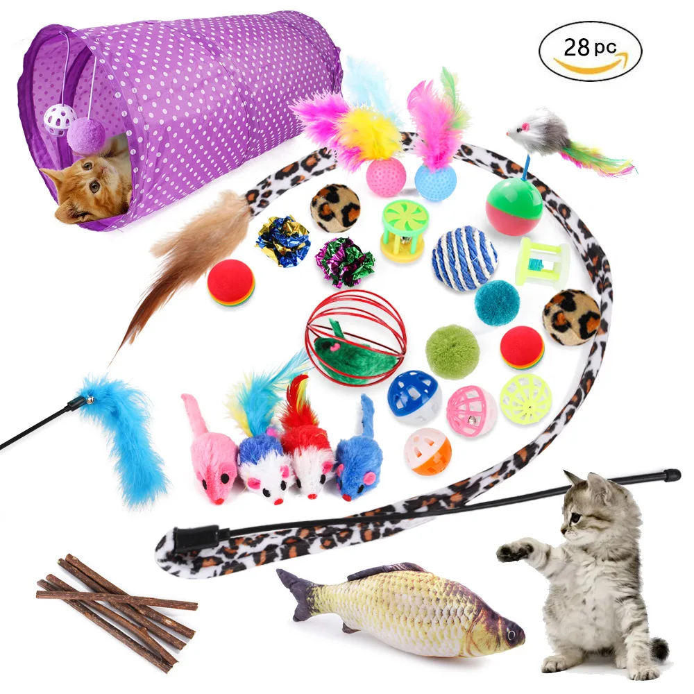 

Pets Cat Toys Set Collapsible Tunnels Kitten Cat Feather Teaser Wand Interactive Feather Toy Fluffy Mouse Crinkle Balls