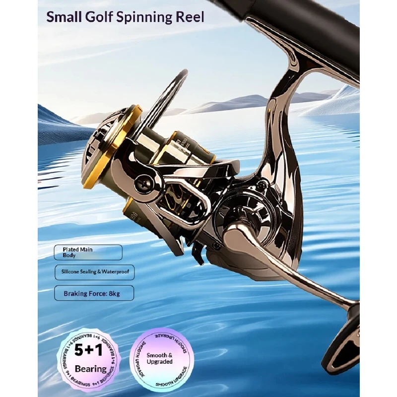 Фото Спиннинговая катушка Small Golf, цельнометаллическая, для дальнего заброса, с мелкой шпулей, пять плюс один подшипников, водонепроницаемая, с тяговым усилием 8 кг, для ловли на приманки. №1