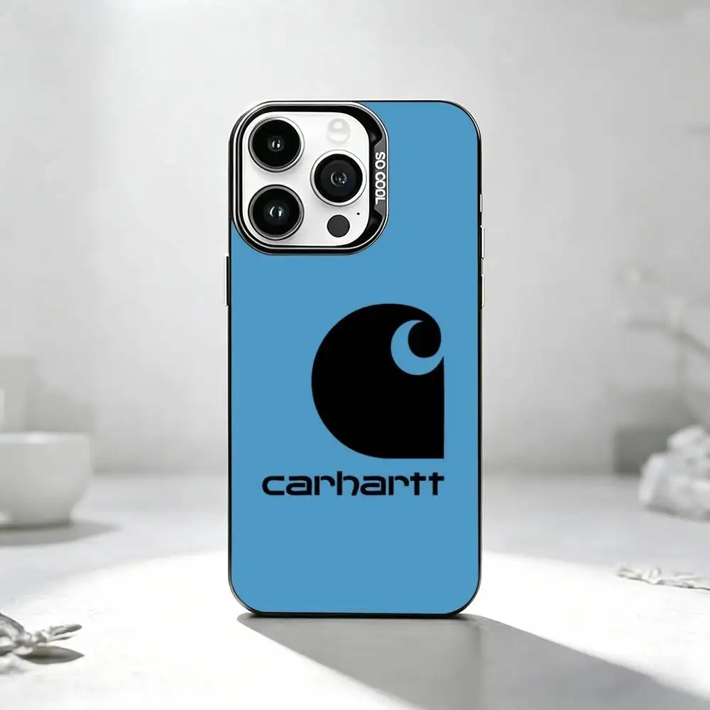 Фото Кожаный чехол C-Carhartt с логотипом для iPhone 17, 16, 15, 14, 13, 12, 11 Plus, Pro Max, XS, цветной, серебристо-черный №3