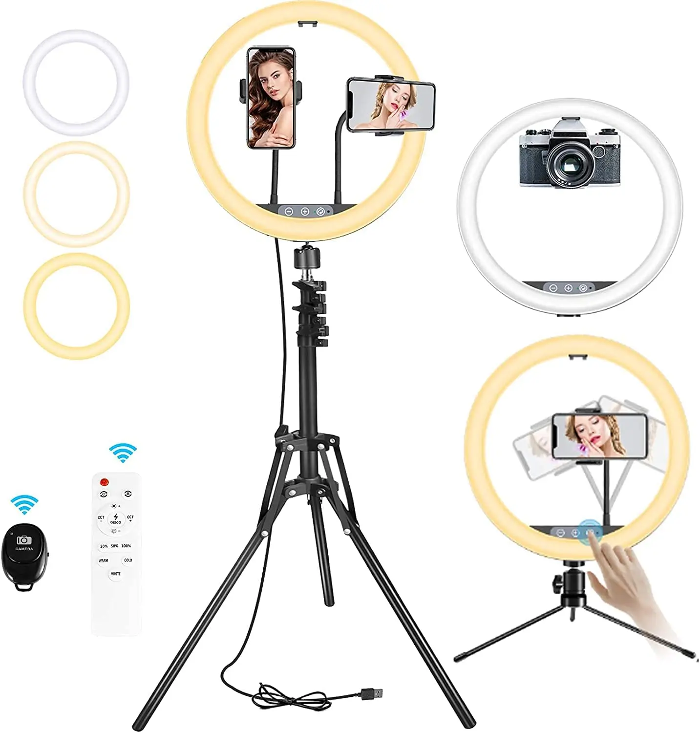 

12" Selfie Ring Light Fill Light - Dimmable LED Live Stream/Makeup/YouTube Video 2 Tripod Stands & 2 Phone Holders & 3 Color Mo