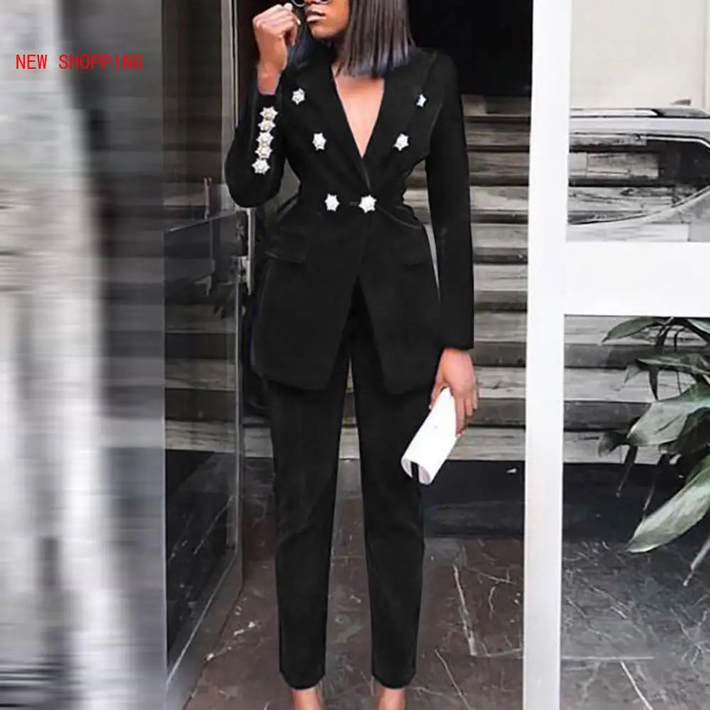 Women's Velvet Winter New Crystal Buckle Set Long Sleeve Jacket & Pants 2 Two Piece Set Celebrity Evening Runway Party Suit Red