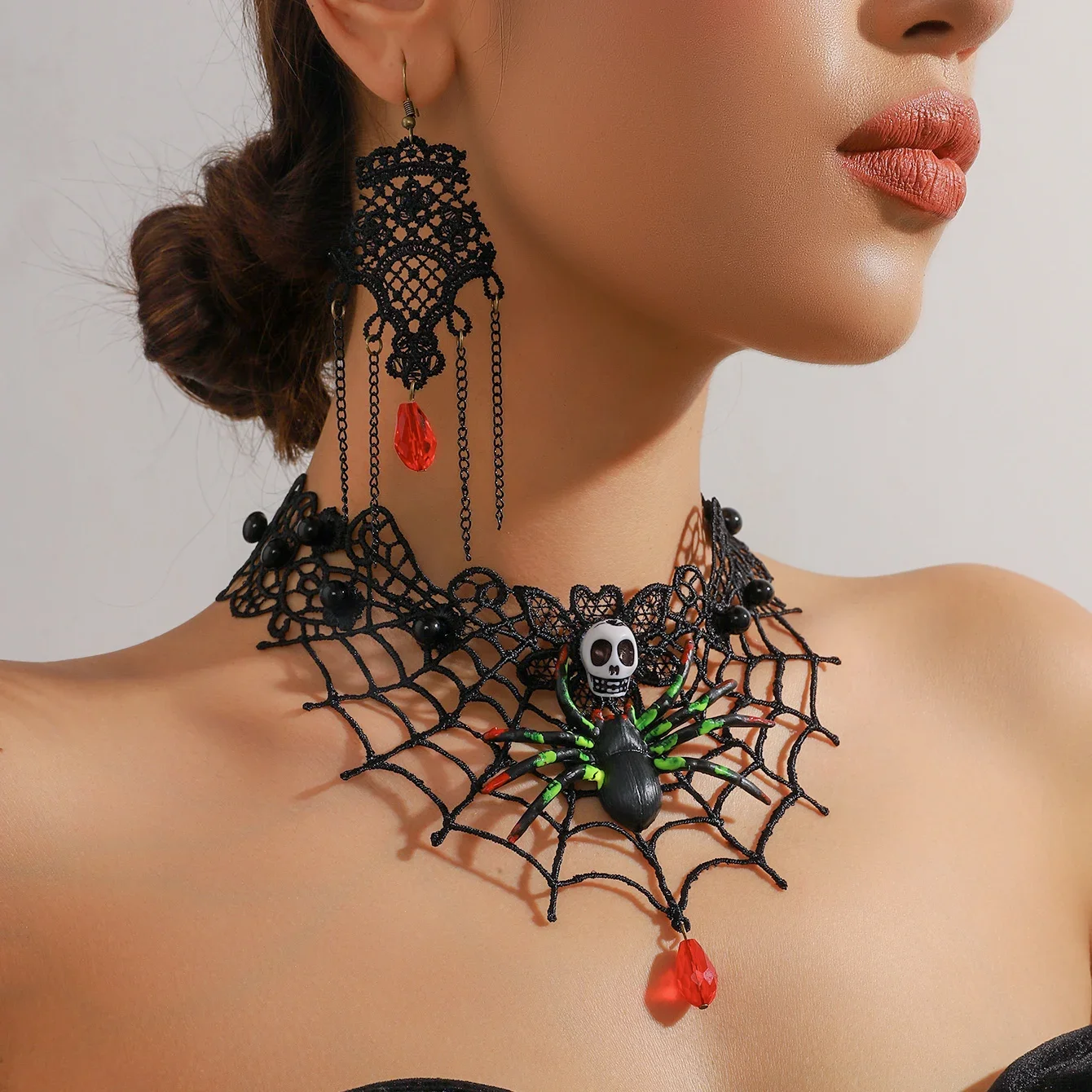 Комплект ожерелья и сережек с дизайном паутины черное ретро кружевное ожерелье