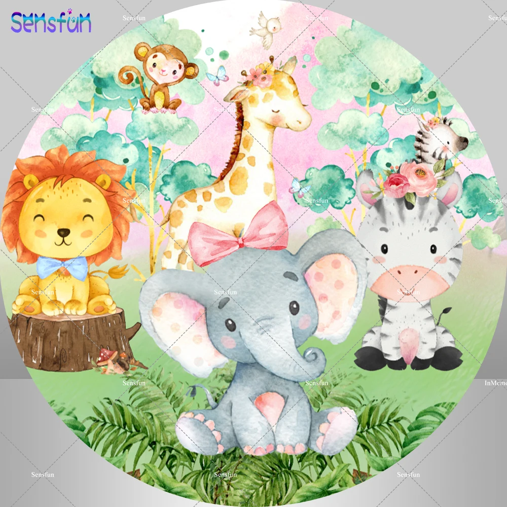 

Cartoon Animals Safari Birthday Round Backdrop Cover Jungle Party Baby Shower Photo Background Studio Photocall Banner