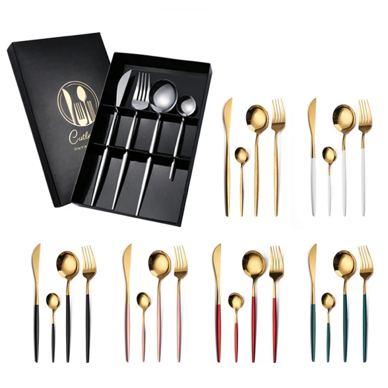 

Stainless Steel Tableware Fork Spoon Four-piece Set Gold And Fork Western Food Tableware Set Gift Gift Gift Main Four Color Box