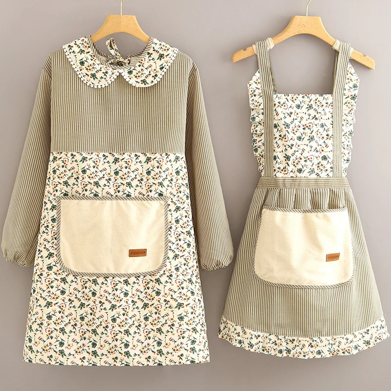 

Canvas coverall women's new breathable long sleeved apron kitchen home antifouling and dirt resistant adult cooking apron