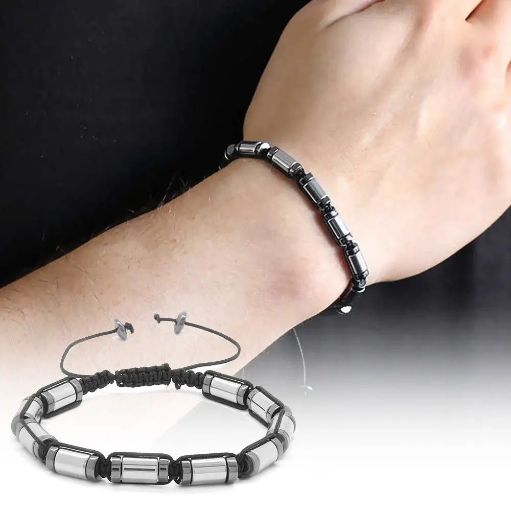 

Cylinder Cut Macrame Braided Silver-black Hematite Natural Stone Bracelet
