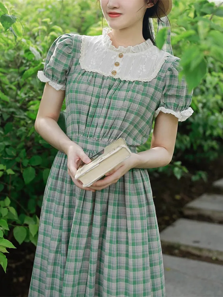 AIGYPTOS Summer Dress Women Vintage Elegant Slim Lace Stand Collar Green Plaid Long Dress Mori Girls Preppy Style Cotton Dress