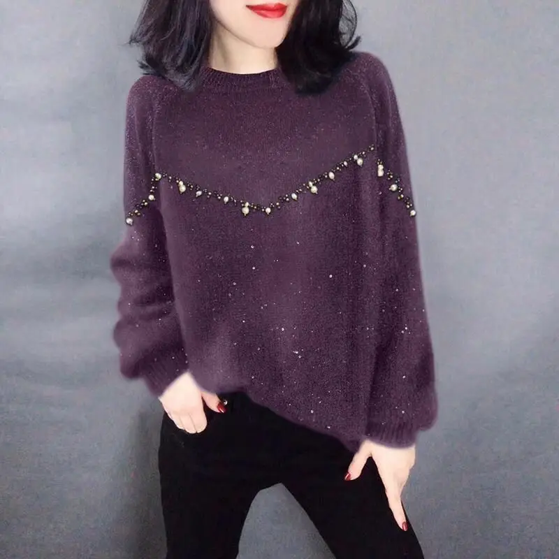 Пуловер женский трикотажный с круглым вырезом и длинным рукавом