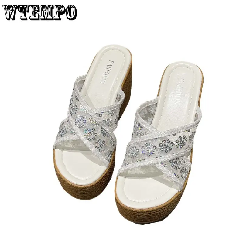 

WTEMPO Wedge heel thick bottom sequin heightened fashion sandals fishmouth slippers mesh casual sandals Wholesale Dropshipping