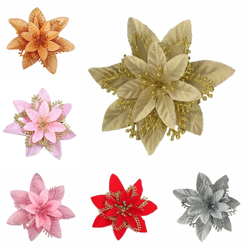 

13cm Christmas Glitter Poinsettia Flower Decorative Xmas Tree Flowers for Wreath Ornaments Wedding Party Spring Festival New
